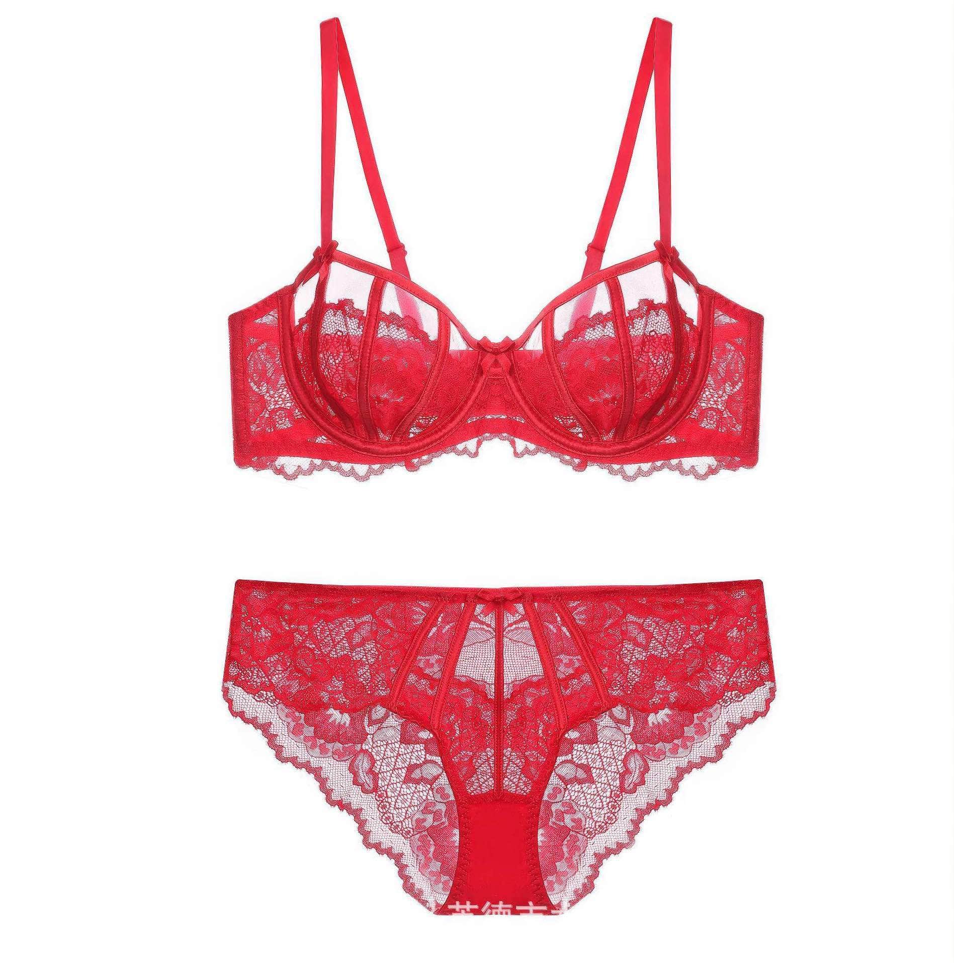 French Lace Floral Mesh Detailed Bra Panty Set 70A / Red