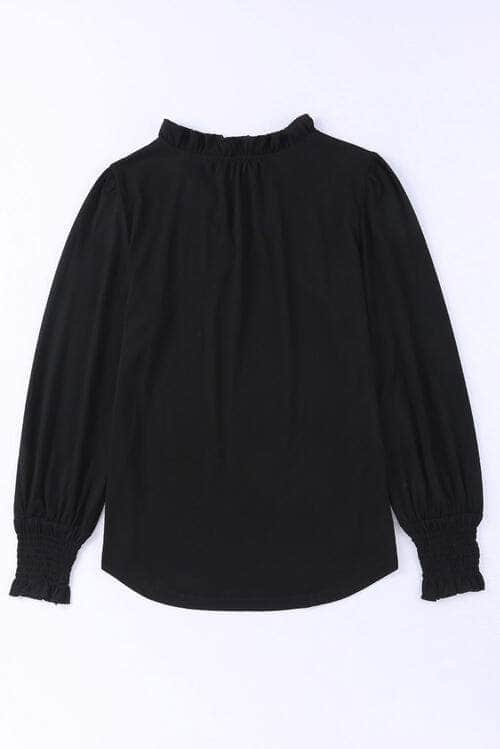 Frill Notched Neck Smocked Designed Long Sleeve Blouse