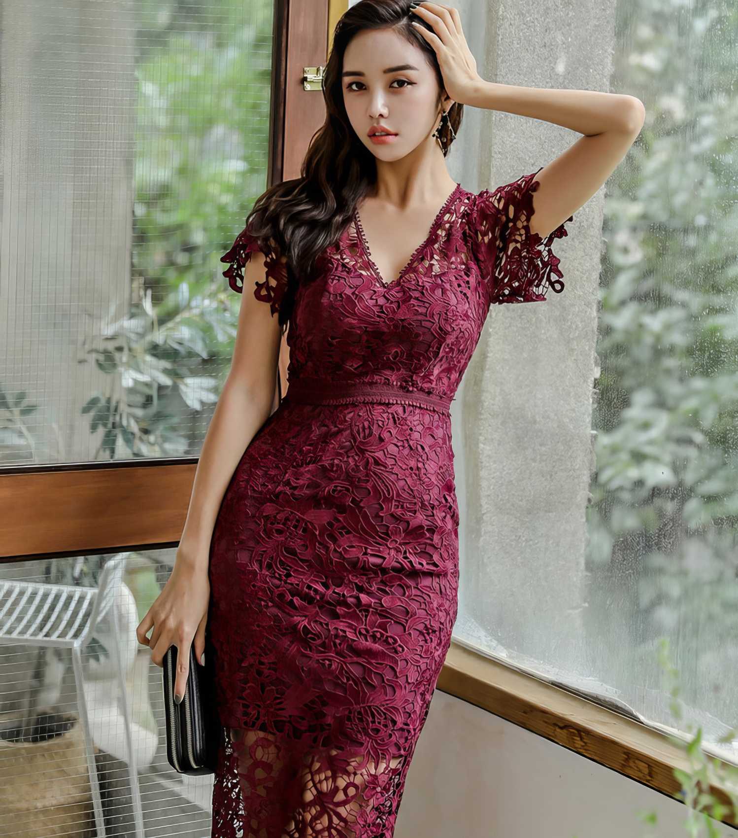 Frill Sleeves Lace-Trimmed Crochet Dress