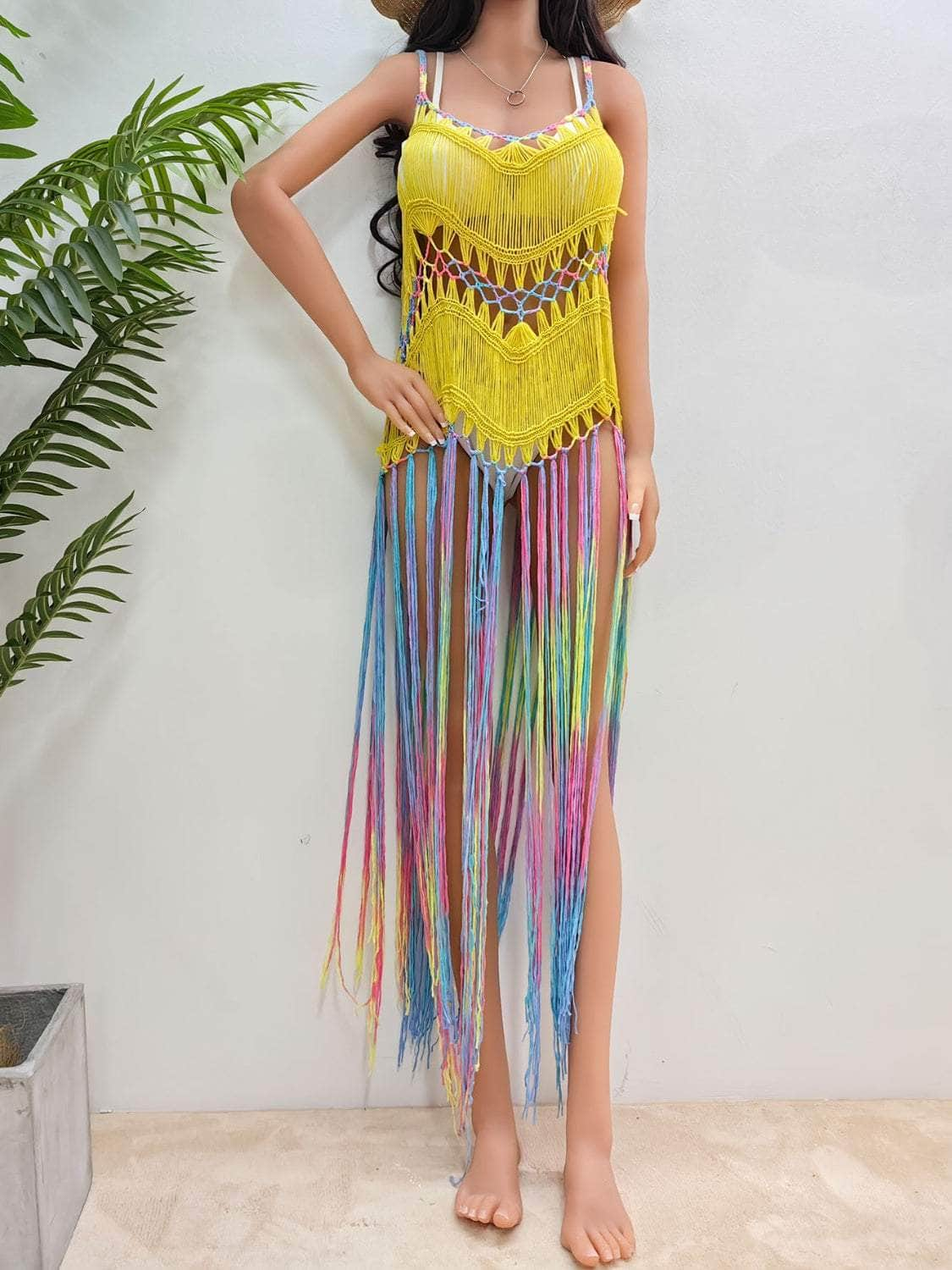 Fringe Scoop Neck Spaghetti Strap Cover-Up Chartreuse / One Size