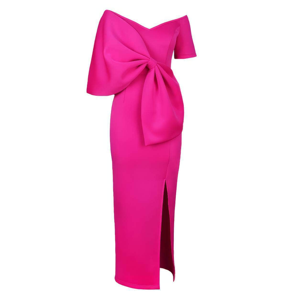 Front Slit Big Bow Detail V Neck Dress