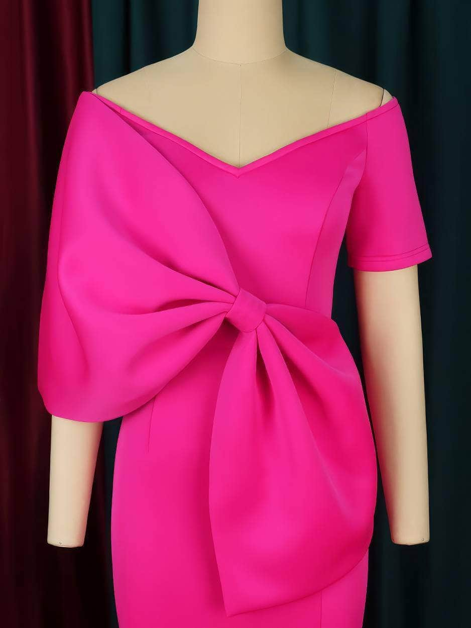 Front Slit Big Bow Detail V Neck Dress