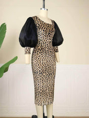 Front Slit Mesh Lantern Sleeves Leopard Print Dress