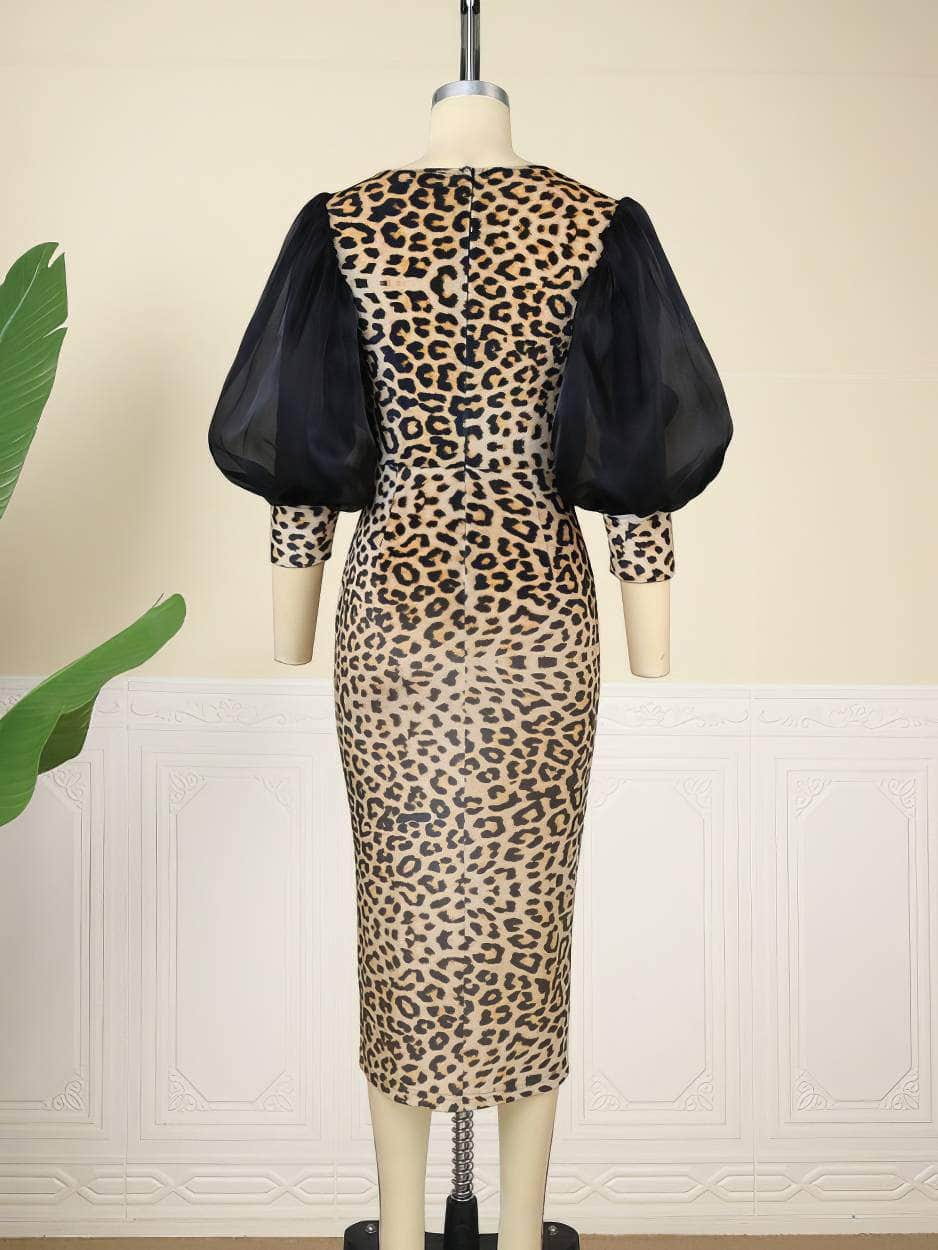 Front Slit Mesh Lantern Sleeves Leopard Print Dress