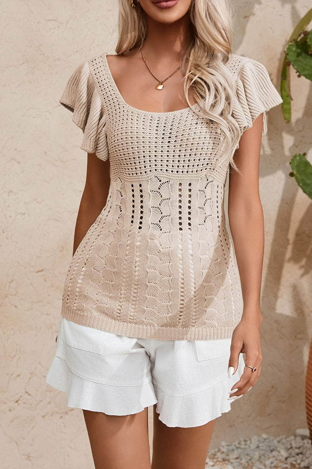 Full Size Openwork Flutter Sleeve Knit Top Dust Storm / S