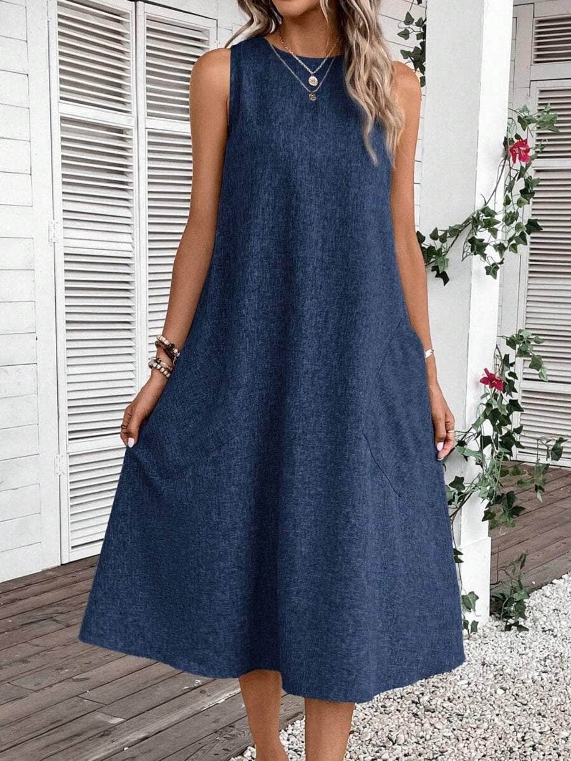 Full Size Pocketed Round Neck Sleeveless Dress Dark Blue / S