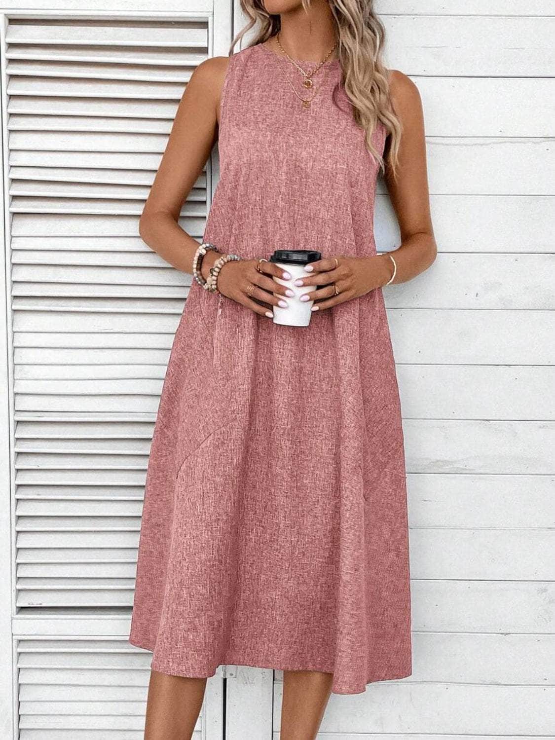Full Size Pocketed Round Neck Sleeveless Dress Dusty Pink / S