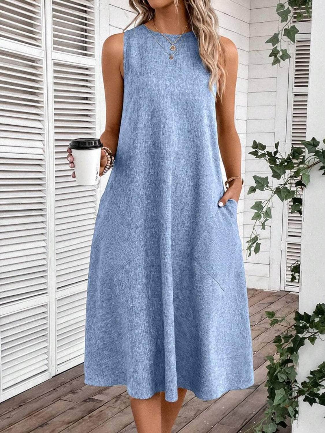 Full Size Pocketed Round Neck Sleeveless Dress Light Blue / S