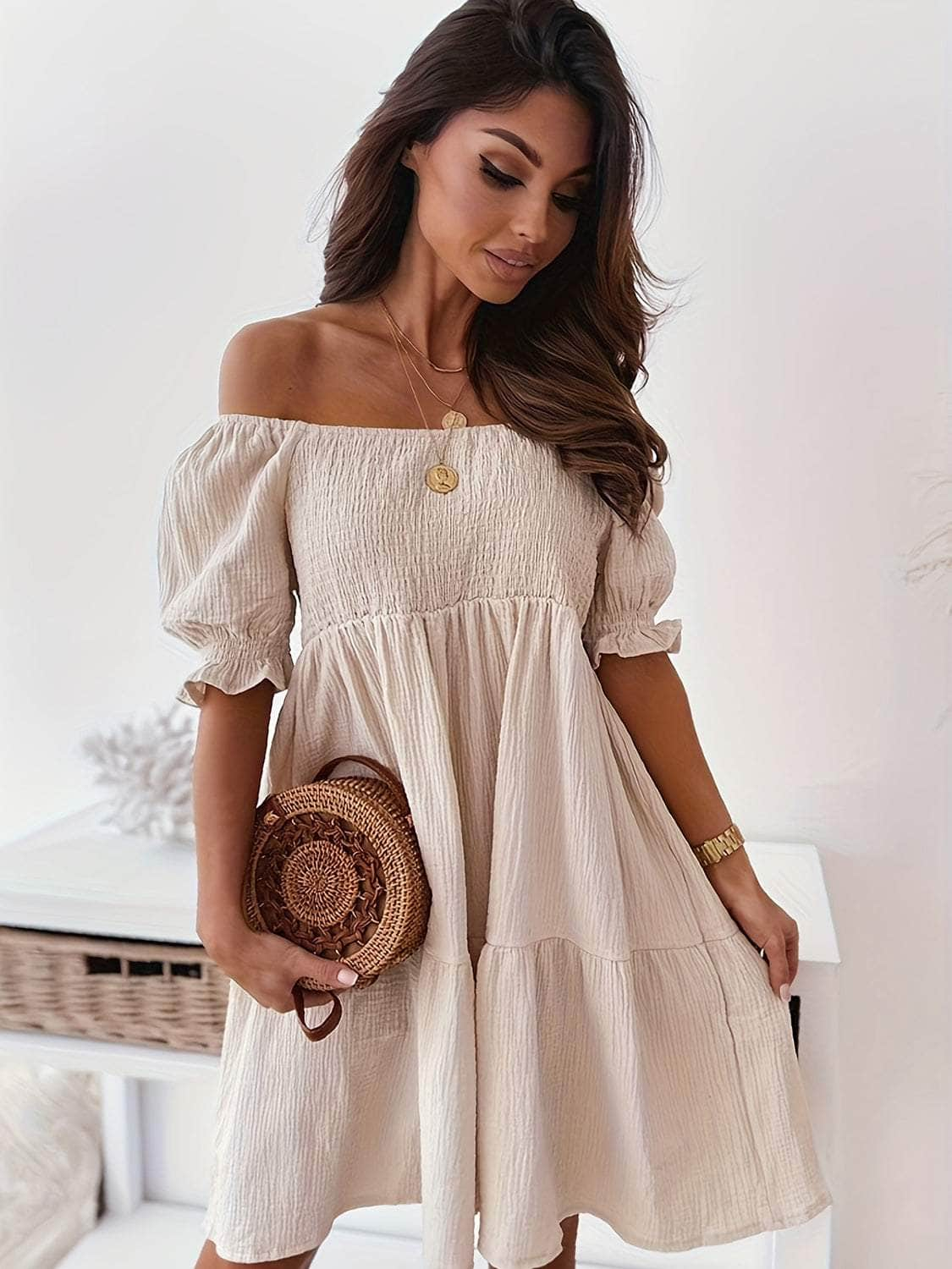 Full Size Ruffled Off-Shoulder Short Sleeve Dress Beige / S