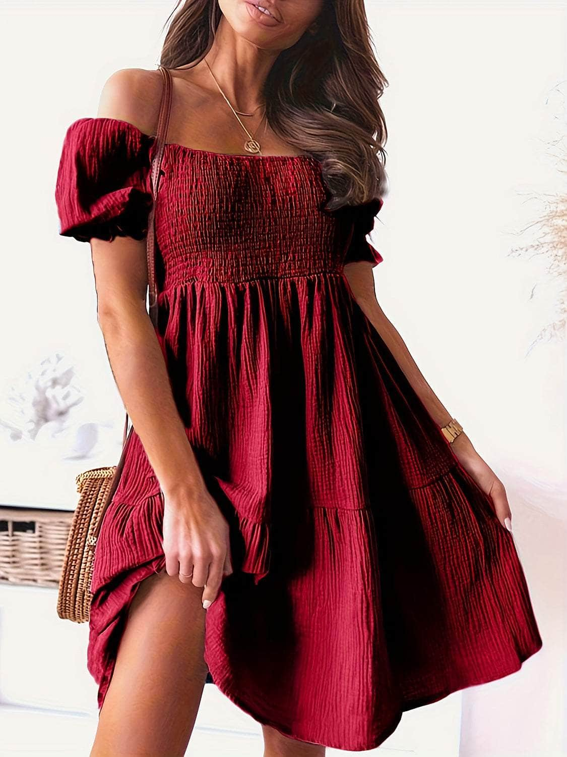 Full Size Ruffled Off-Shoulder Short Sleeve Dress Burgundy / S