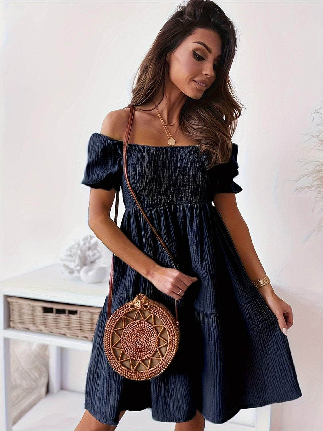 Full Size Ruffled Off-Shoulder Short Sleeve Dress Dark Blue / S