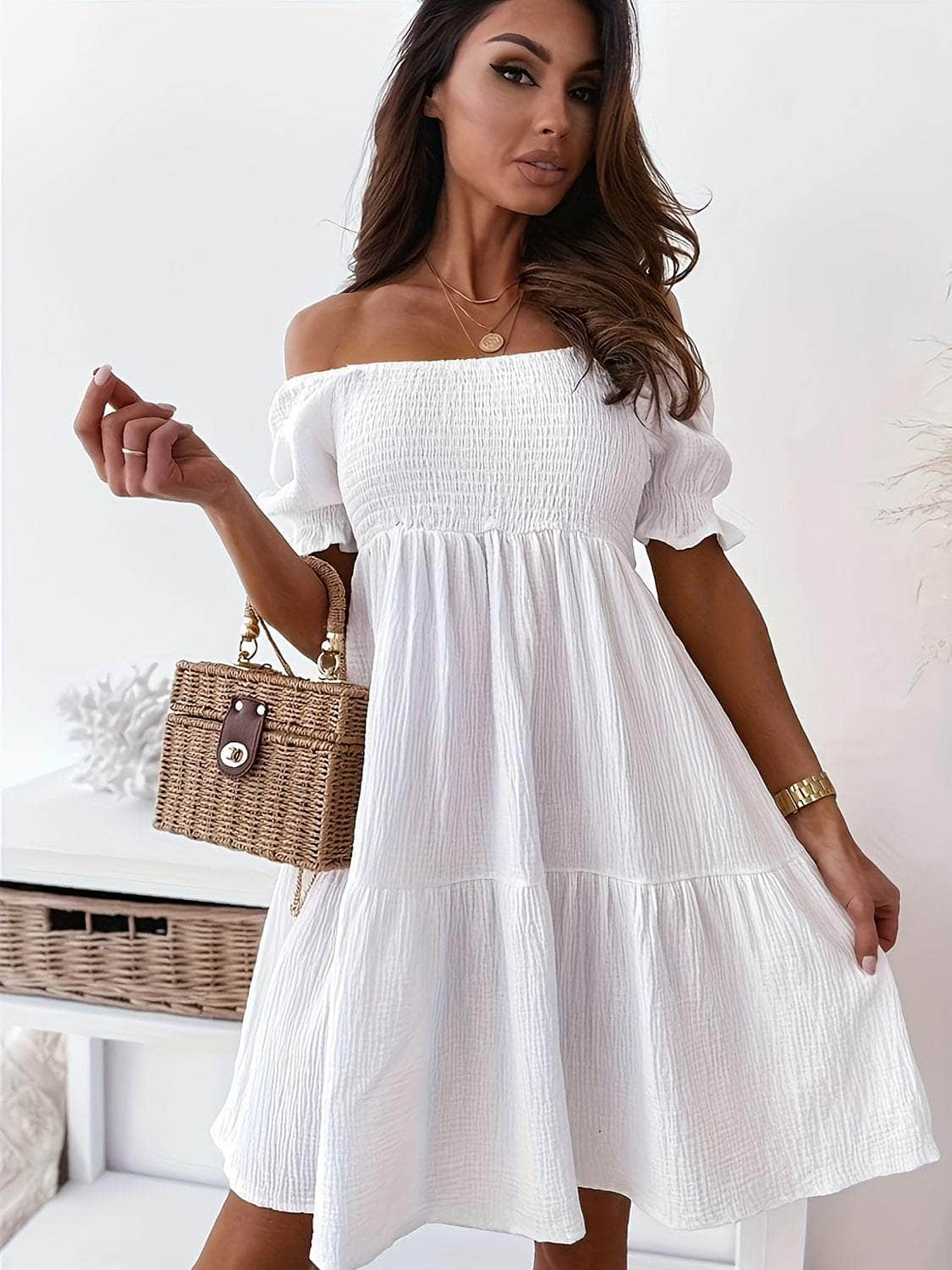 Full Size Ruffled Off-Shoulder Short Sleeve Dress White / S