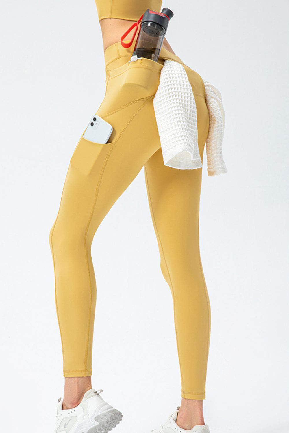 Full Size Slim Fit High Waist Long Sports Pants with Pockets Mustard / S