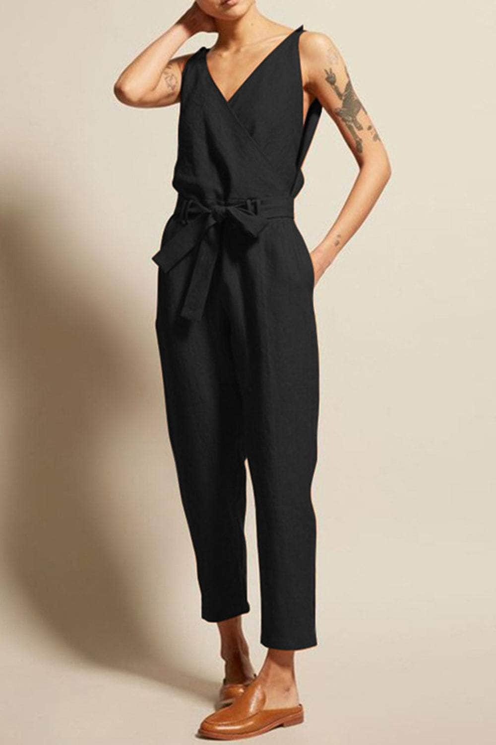 Full Size Surplice Sleeveless Jumpsuit Black / S