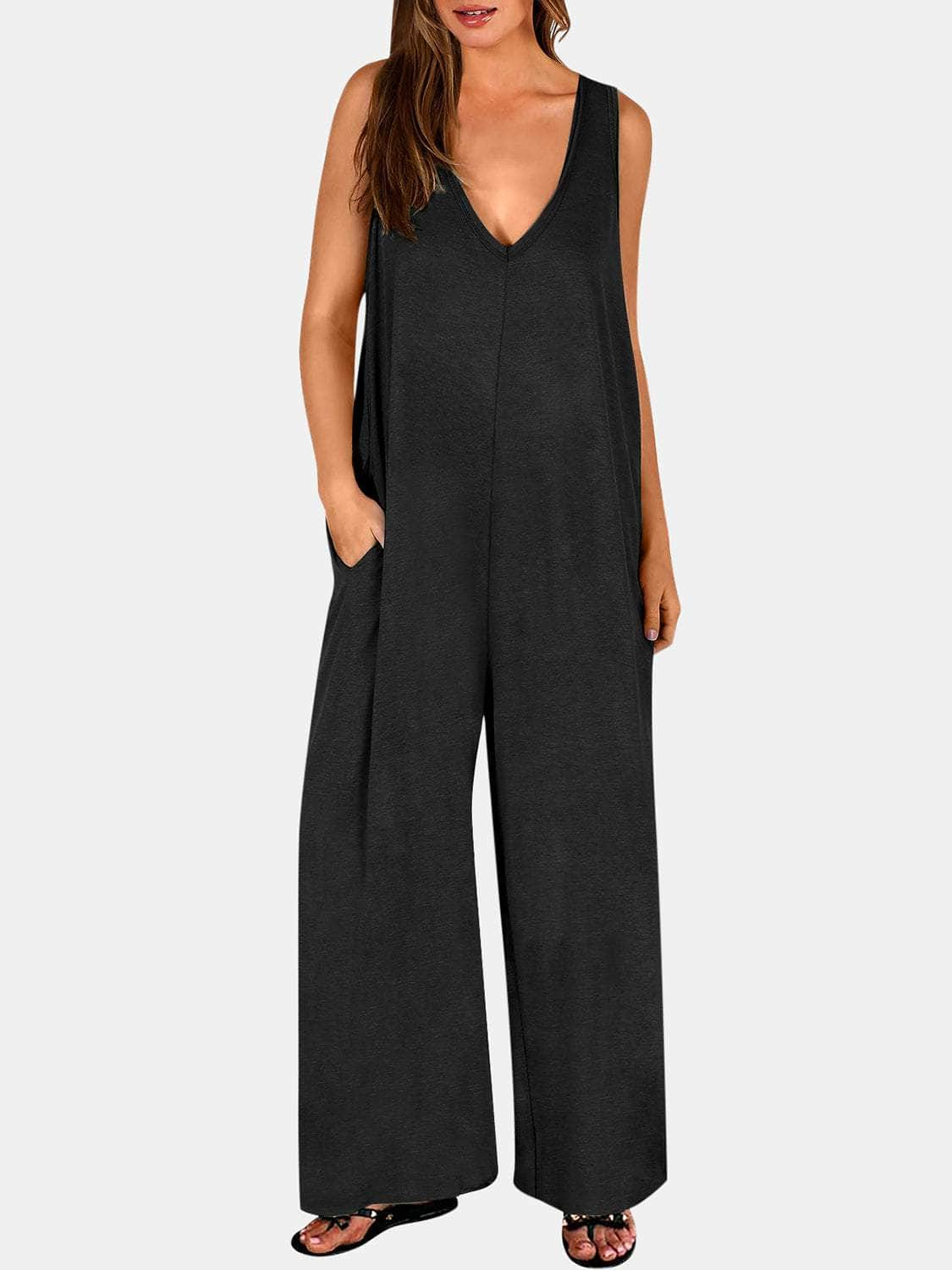 Full Size V-Neck Wide Strap Jumpsuit Black / S