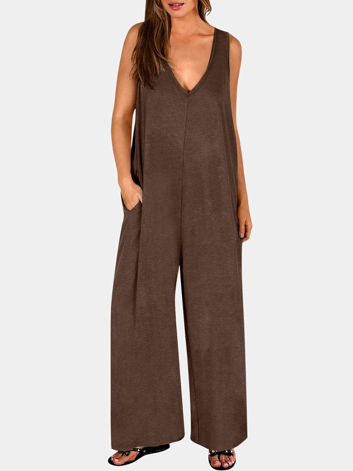 Full Size V-Neck Wide Strap Jumpsuit Brown / S