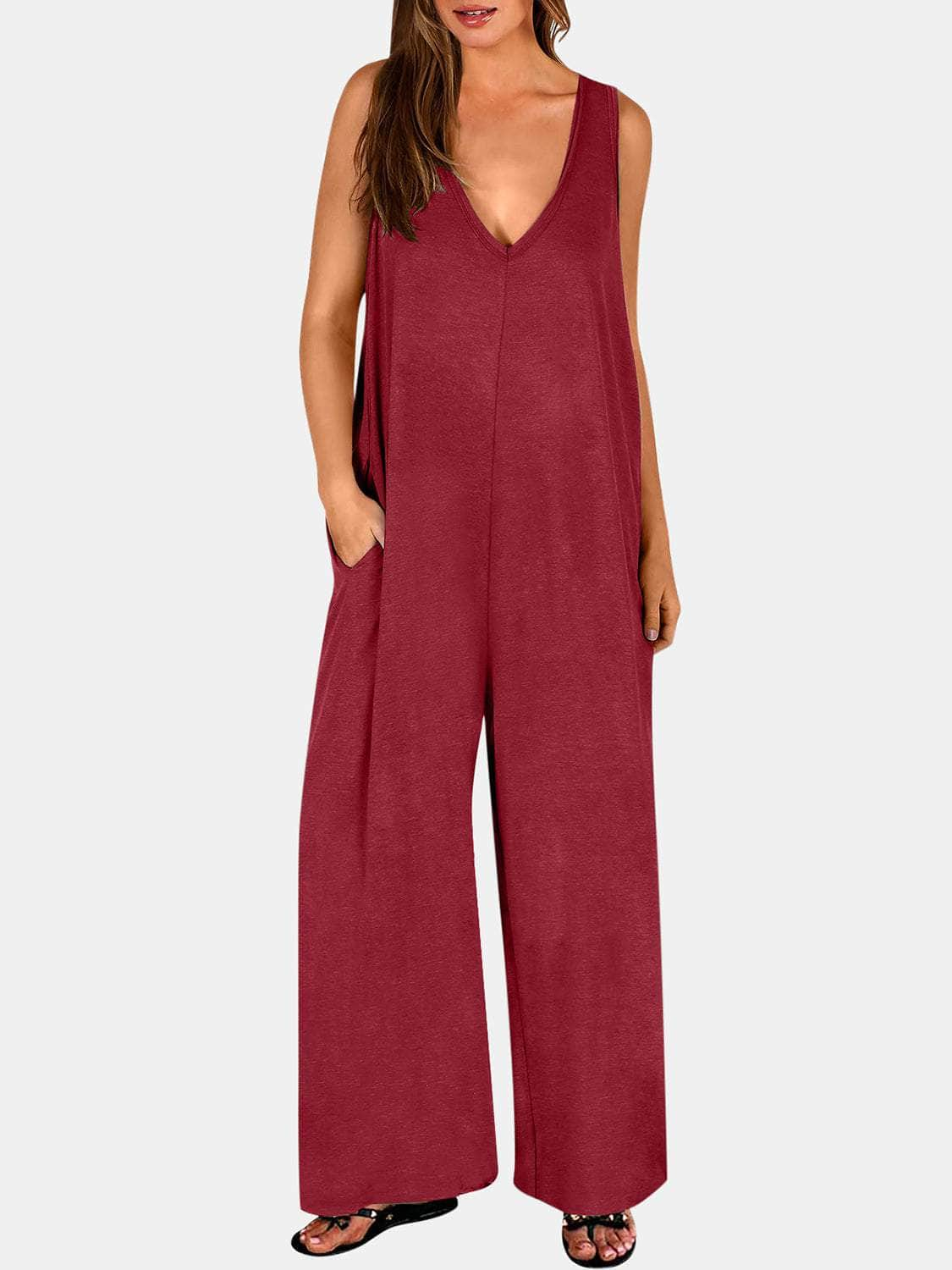 Full Size V-Neck Wide Strap Jumpsuit Burgundy / S