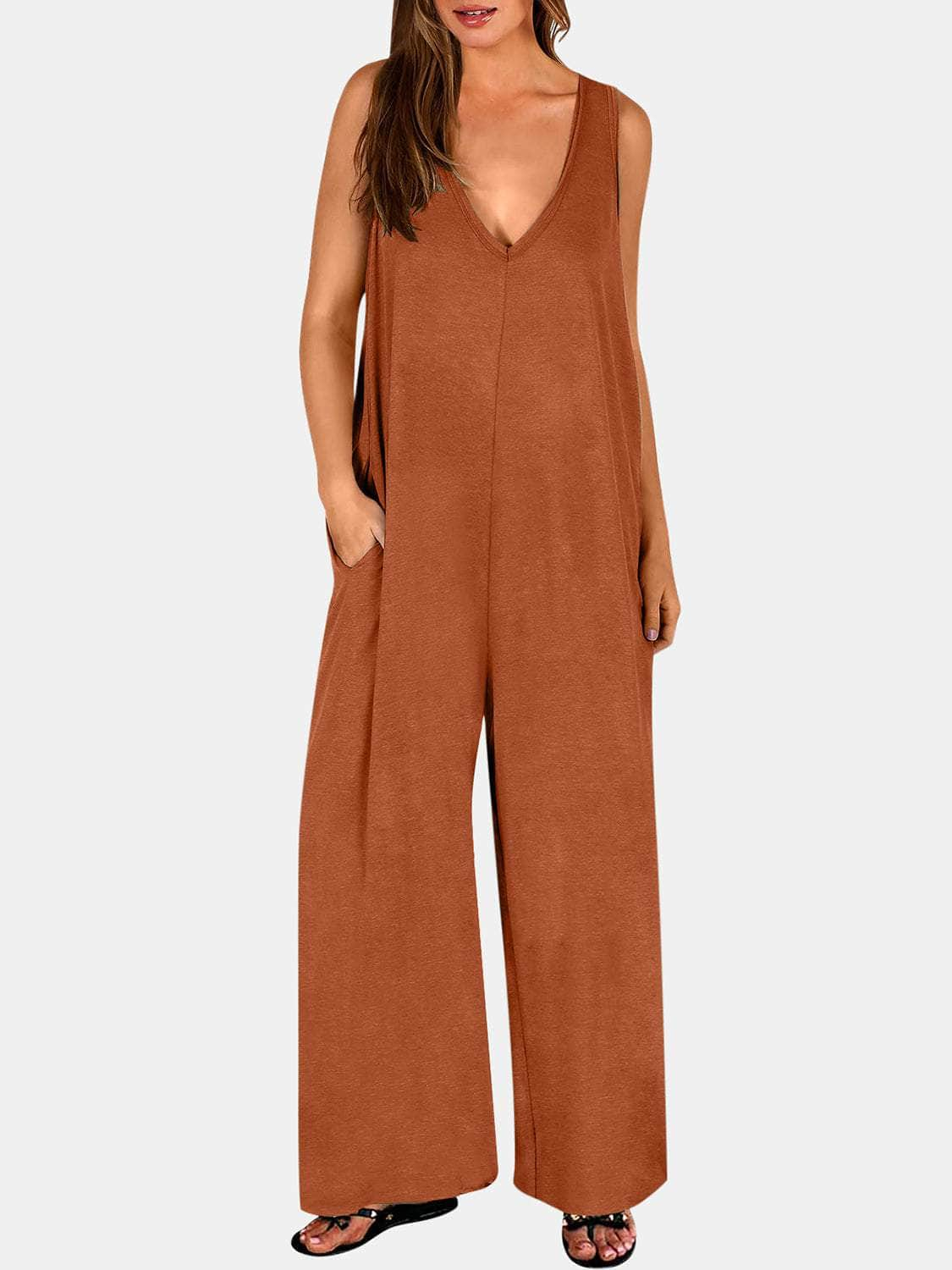 Full Size V-Neck Wide Strap Jumpsuit Caramel / S