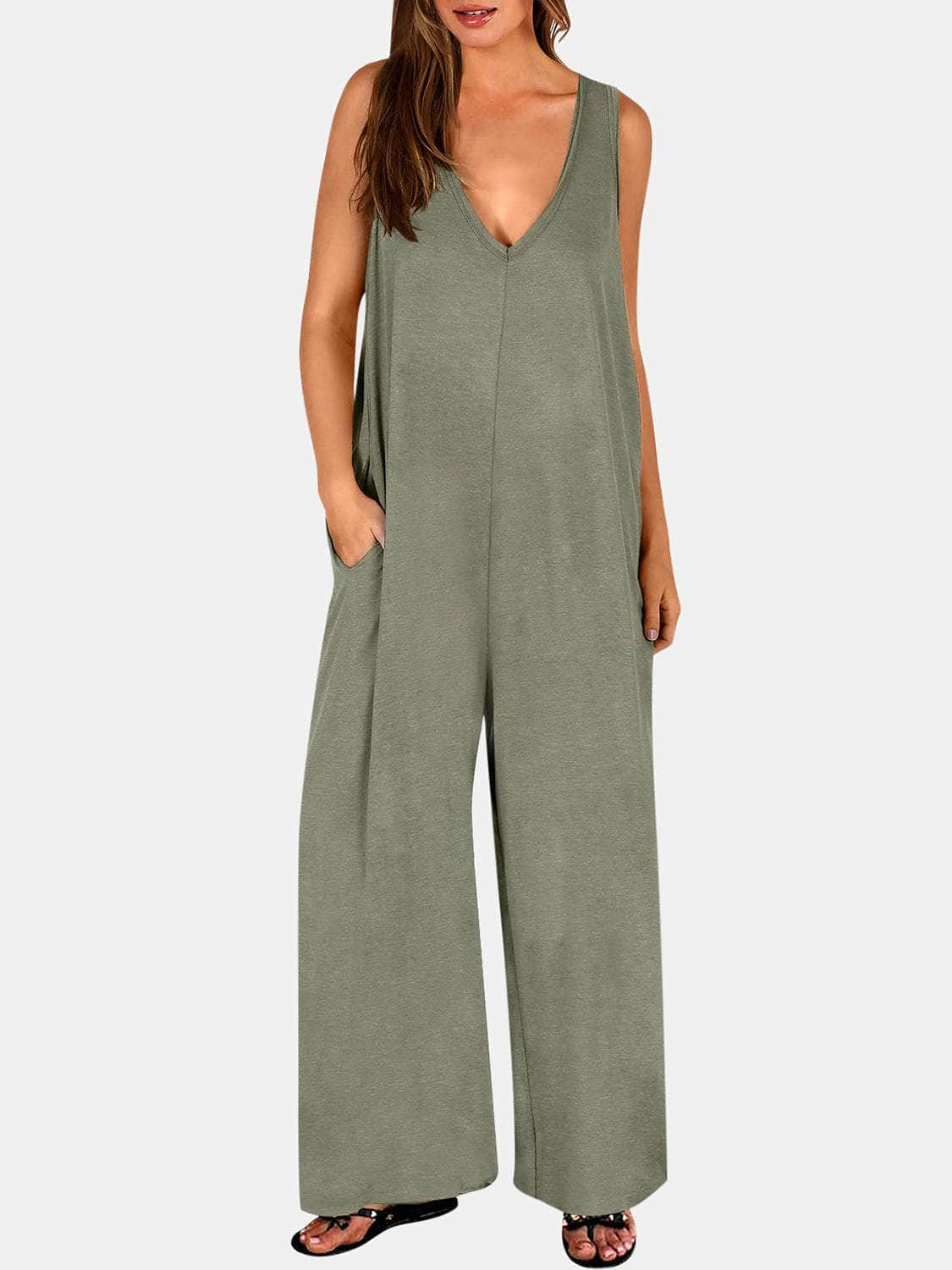 Full Size V-Neck Wide Strap Jumpsuit Matcha Green / S