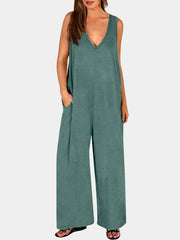 Full Size V-Neck Wide Strap Jumpsuit Turquoise / S