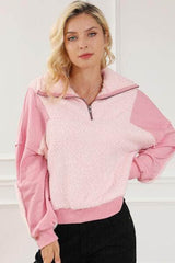 Fuzzy Half Zip Dropped Shoulder Sweatshirt Blush Pink / S