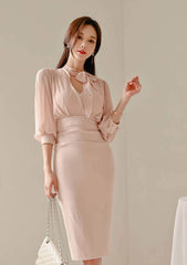 Gathered Puff Sleeves Knot Tie Column Dress