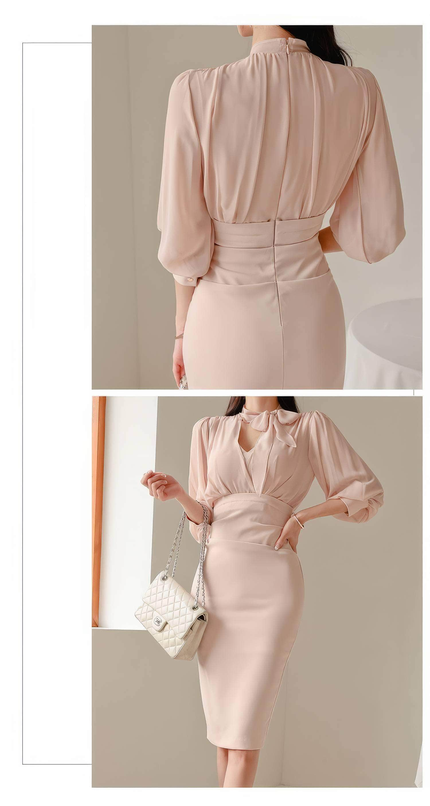 Gathered Puff Sleeves Knot Tie Column Dress