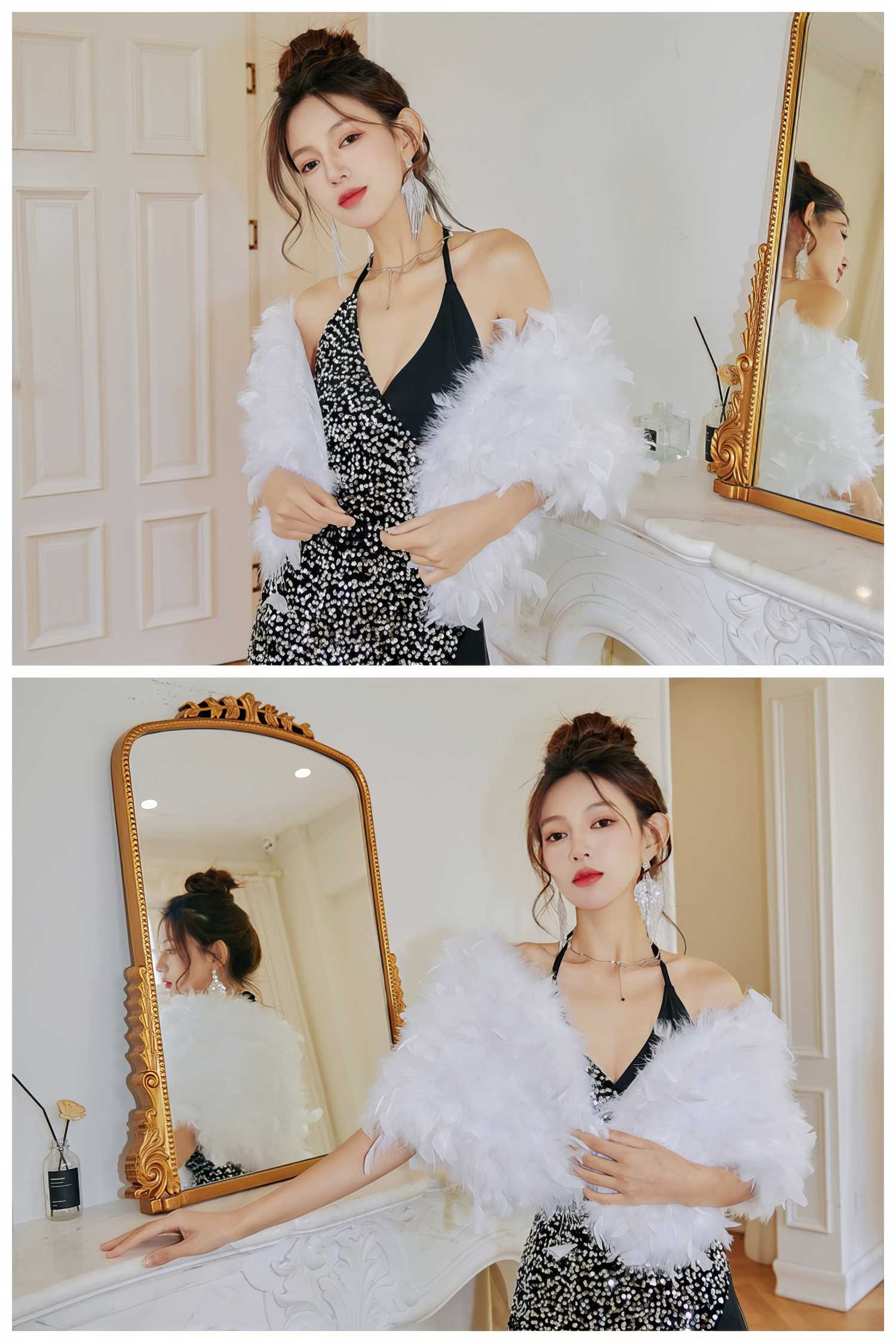 Gatsby Fluffy Feather Trimmed Fur Shawl