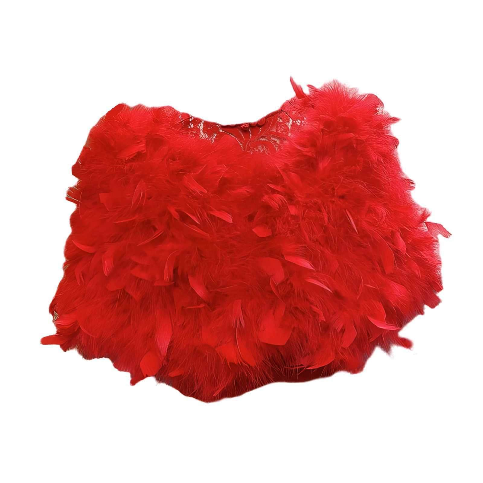 Gatsby Fluffy Feather Trimmed Fur Shawl Red