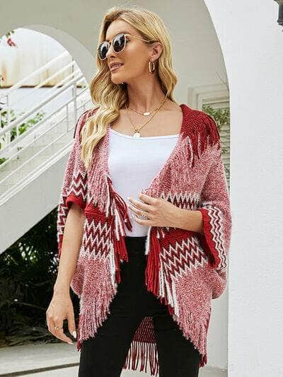 Geometric Fringe Open Front Cardigan