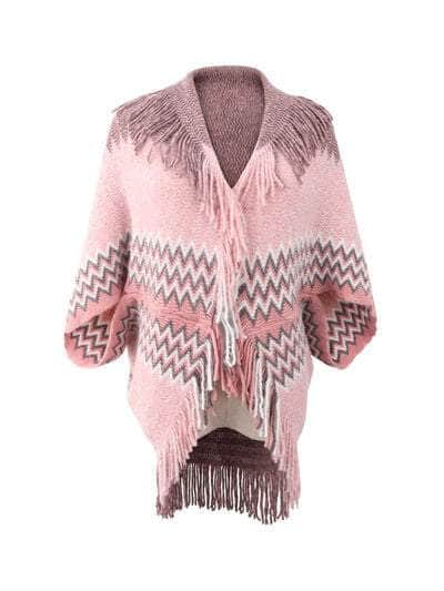 Geometric Fringe Open Front Cardigan Blush Pink / One Size