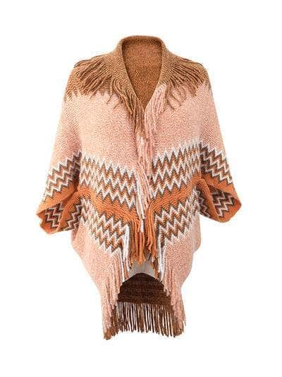 Geometric Fringe Open Front Cardigan Camel / One Size