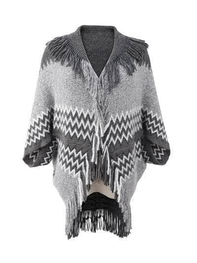 Geometric Fringe Open Front Cardigan Charcoal / One Size