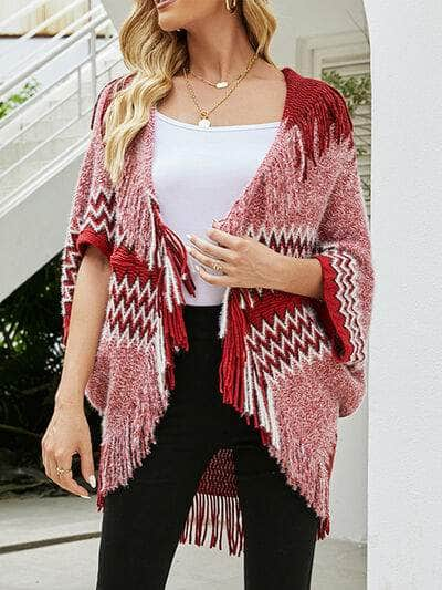 Geometric Fringe Open Front Cardigan Wine / One Size