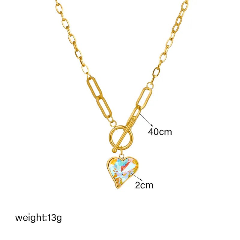 Geometric Heart Colorful Crystals Pendant Necklace - Luxury Zircon Chain Jewelry for Women and Girls