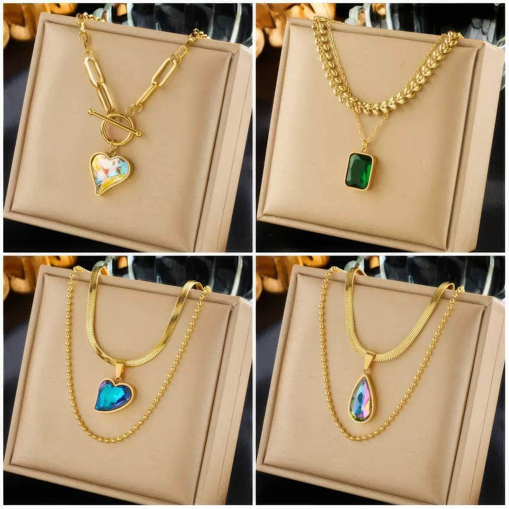 Geometric Heart Colorful Crystals Pendant Necklace - Luxury Zircon Chain Jewelry for Women and Girls