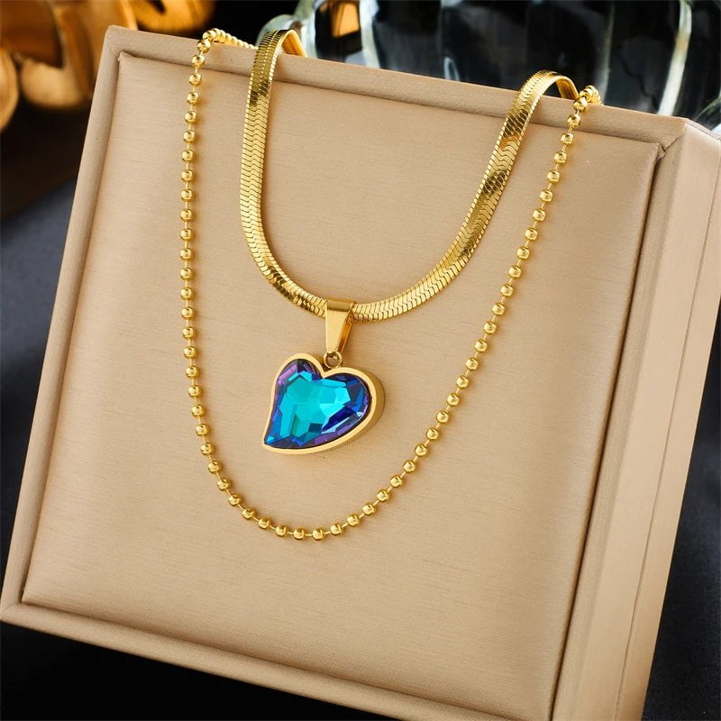 Geometric Heart Colorful Crystals Pendant Necklace - Luxury Zircon Chain Jewelry for Women and Girls