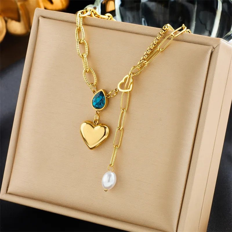 Geometric Heart Colorful Crystals Pendant Necklace - Luxury Zircon Chain Jewelry for Women and Girls N2260