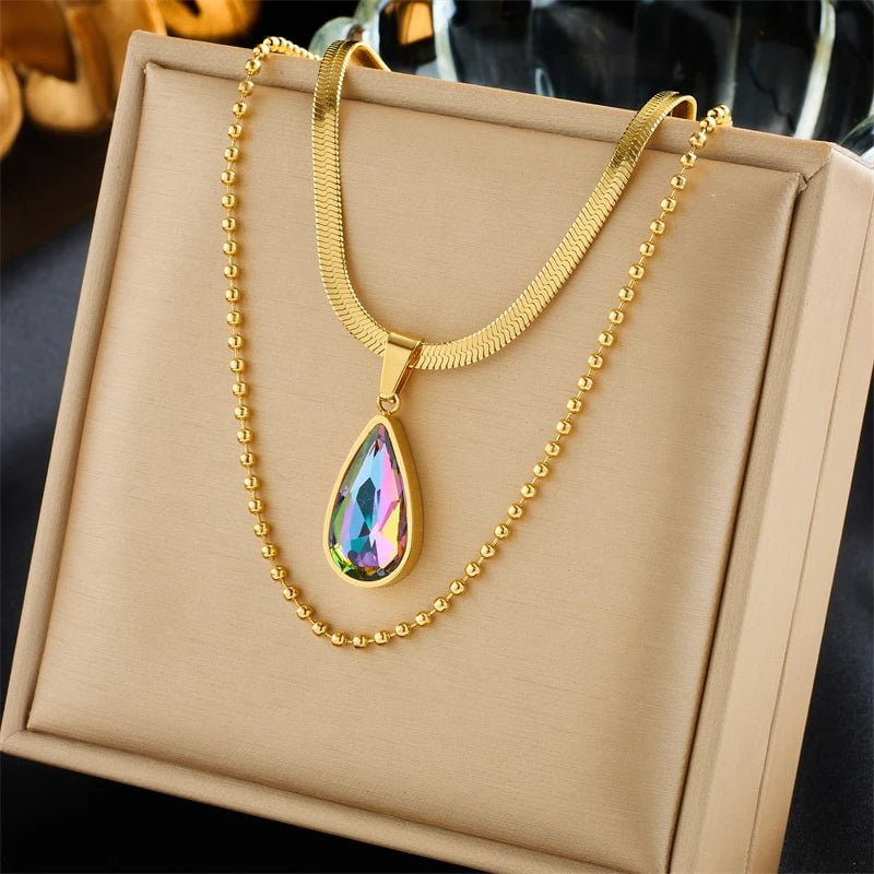 Geometric Heart Colorful Crystals Pendant Necklace - Luxury Zircon Chain Jewelry for Women and Girls N2263