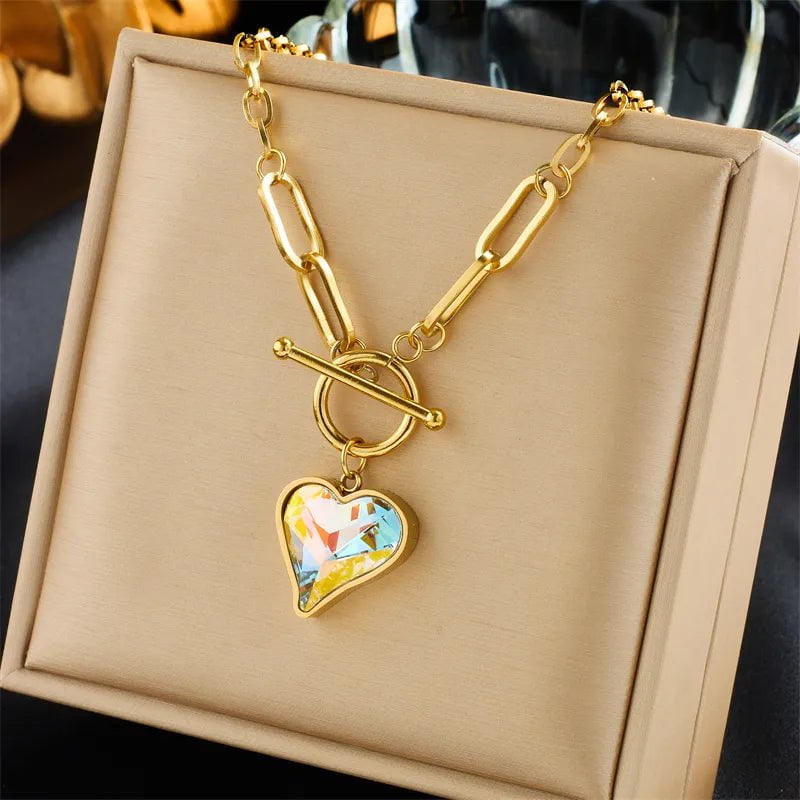 Geometric Heart Colorful Crystals Pendant Necklace - Luxury Zircon Chain Jewelry for Women and Girls N2267