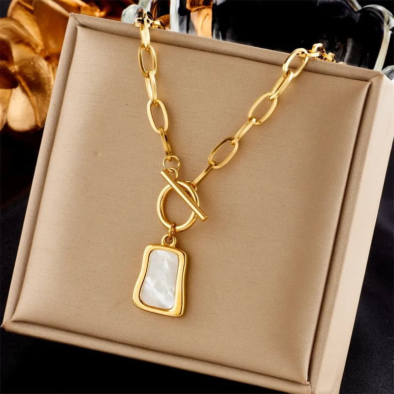 Geometric Trapezoidal Pearl Oyster Pendant Necklace - New OT Buckle Chains Jewelry for Women, perfect for Gifts N2006