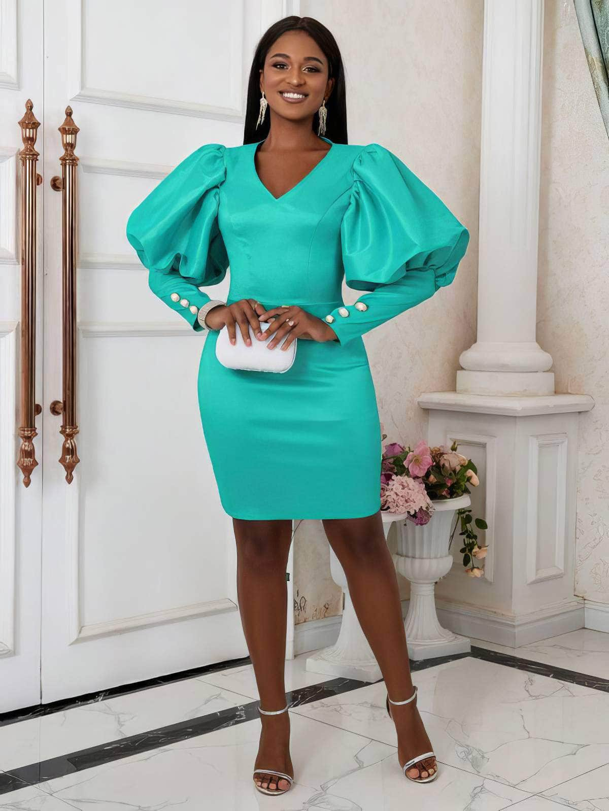 Gigot Sleeves V-Neck Mini Slimfit Dress