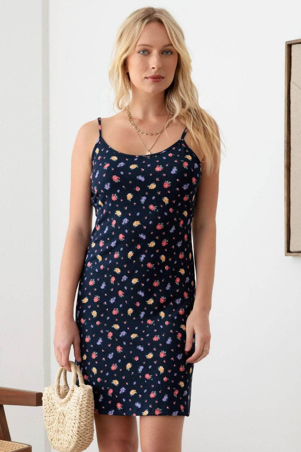 GILLI Floral Ribbed Tie-Back Cami Mini Dress Navy Multi / S