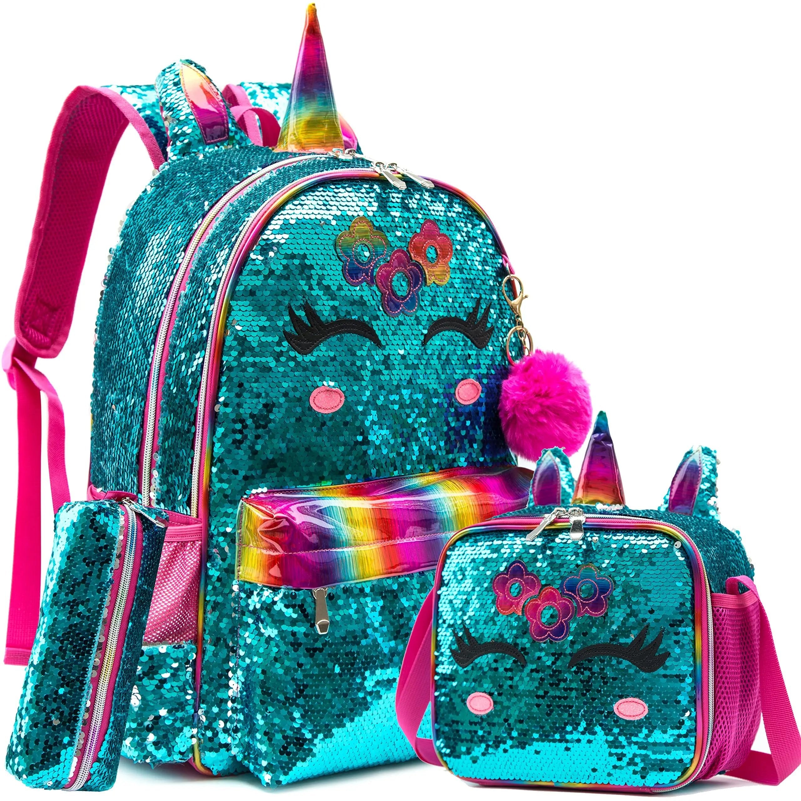 Girls' 16" School Backpack Set - 3pcs with Lunch Box, Ideal for Elementary Students, Travel Sequin Backpack 1047-3sanduomeihua