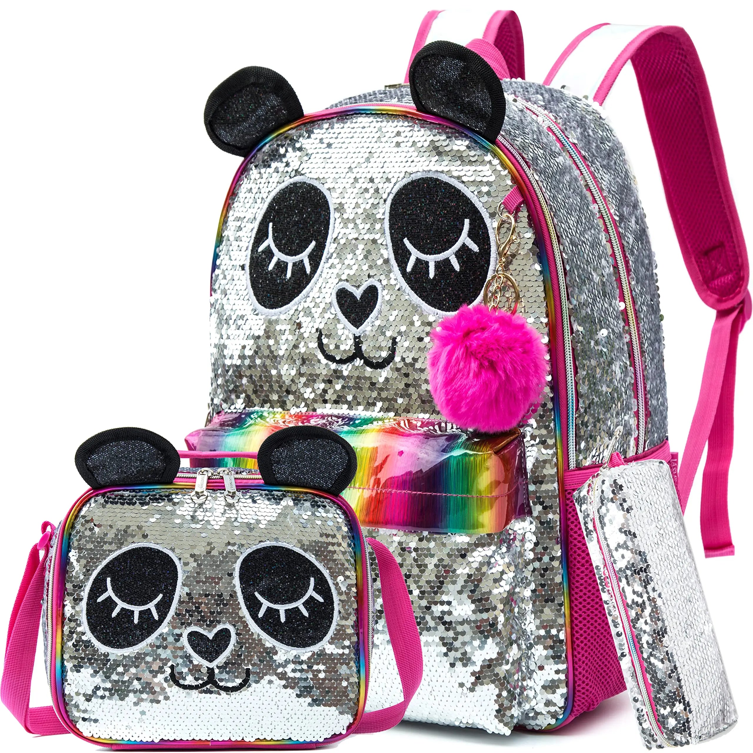 Girls' 16" School Backpack Set - 3pcs with Lunch Box, Ideal for Elementary Students, Travel Sequin Backpack 11902-3caisePanda