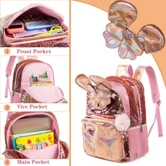 Girls' 16" School Backpack Set - 3pcs with Lunch Box, Ideal for Elementary Students, Travel Sequin Backpack