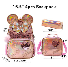 Girls' 16" School Backpack Set - 3pcs with Lunch Box, Ideal for Elementary Students, Travel Sequin Backpack