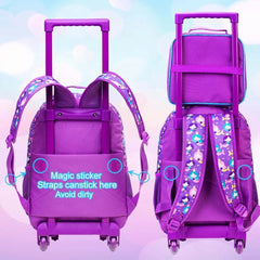 Girls' 3PCS Rolling Backpack Set - Pink Fishtail Design with Glow-in-the-dark Function, Roller Wheels, and Lunch Bag