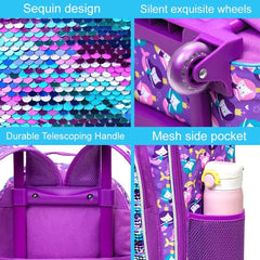 Girls' 3PCS Rolling Backpack Set - Pink Fishtail Design with Glow-in-the-dark Function, Roller Wheels, and Lunch Bag