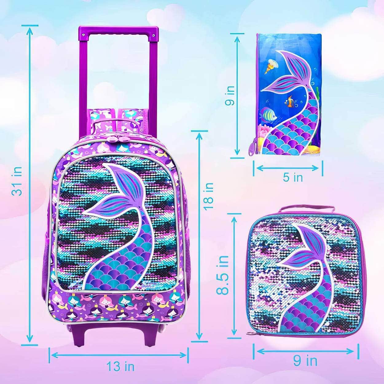 Girls' 3PCS Rolling Backpack Set - Pink Fishtail Design with Glow-in-the-dark Function, Roller Wheels, and Lunch Bag